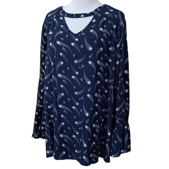 LANE‎ BRYANT Long Tunic Top Blouse Plus 18-2X Flowy Flutter Pockets Stars Blue - Picture 2 of 11